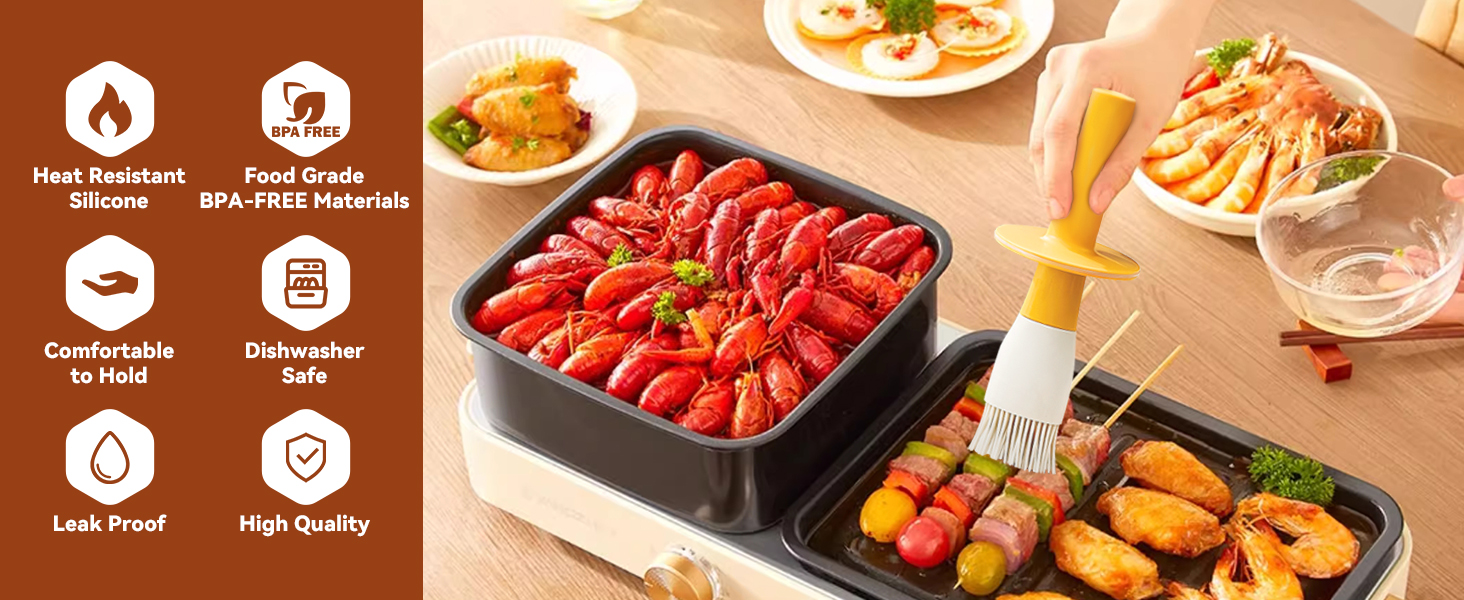 Square black cooking container with two compartments, one filled with red lobsters, the other with assorted foods. Icons show heat resistance, BPA-free, comfortable handle, dishwasher safe, leak-proof, and high-quality features.