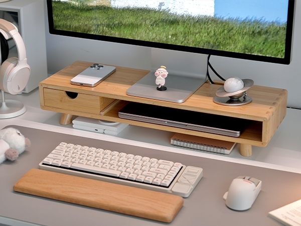 ROCDEER Bamboo Monitor Stand Riser with Drawer