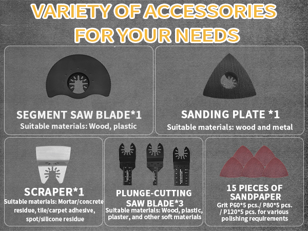 Set of oscillating tool accessories including segment saw blade, sanding plate, scraper, plunge-cutting saw blades, and sandpaper. Suitable for wood, plastic, metal, and various materials.