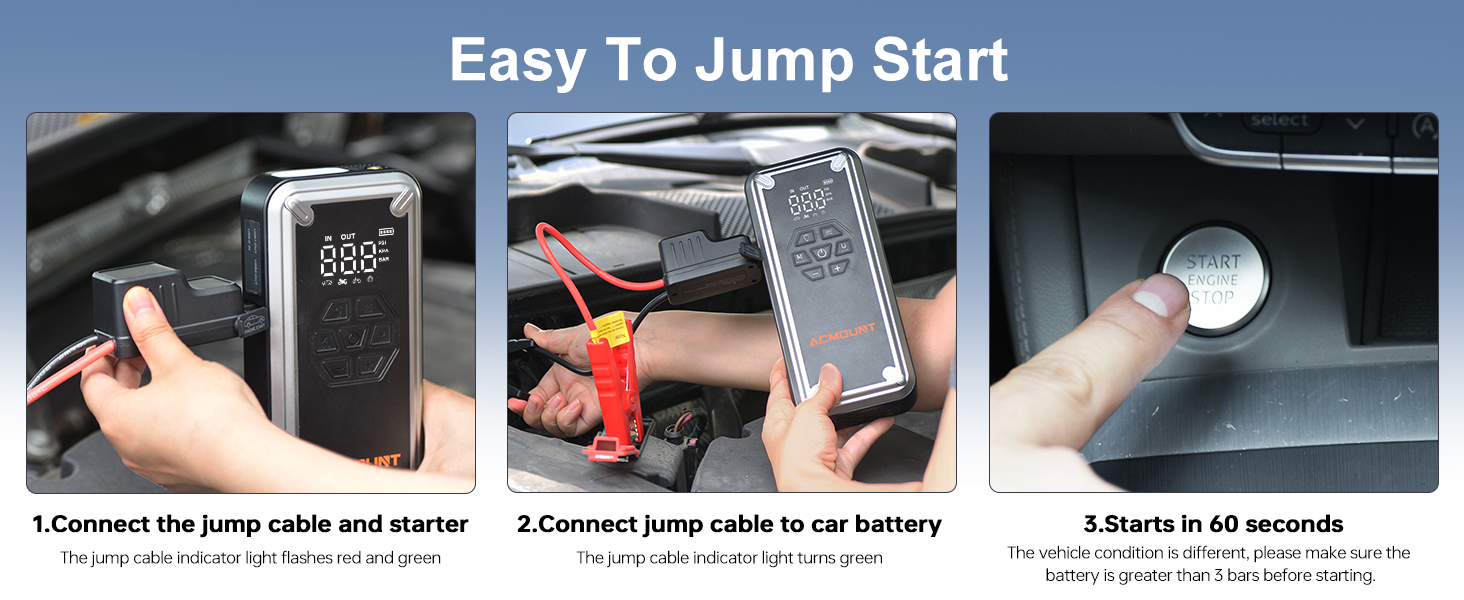 Portable jump starter device demonstrated in three steps: connecting cables, attaching to car battery, and starting vehicle. Device features digital display and push-button start.