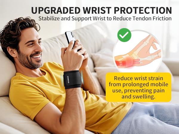 Wrist support product demonstration. Person using phone while wearing black wrist brace. Diagram shows reduced wrist strain and pain prevention.