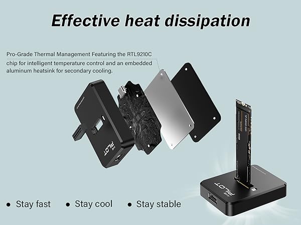 Durable shell and non-slip pad for efficient heat dissipation during high speed data transfer.
