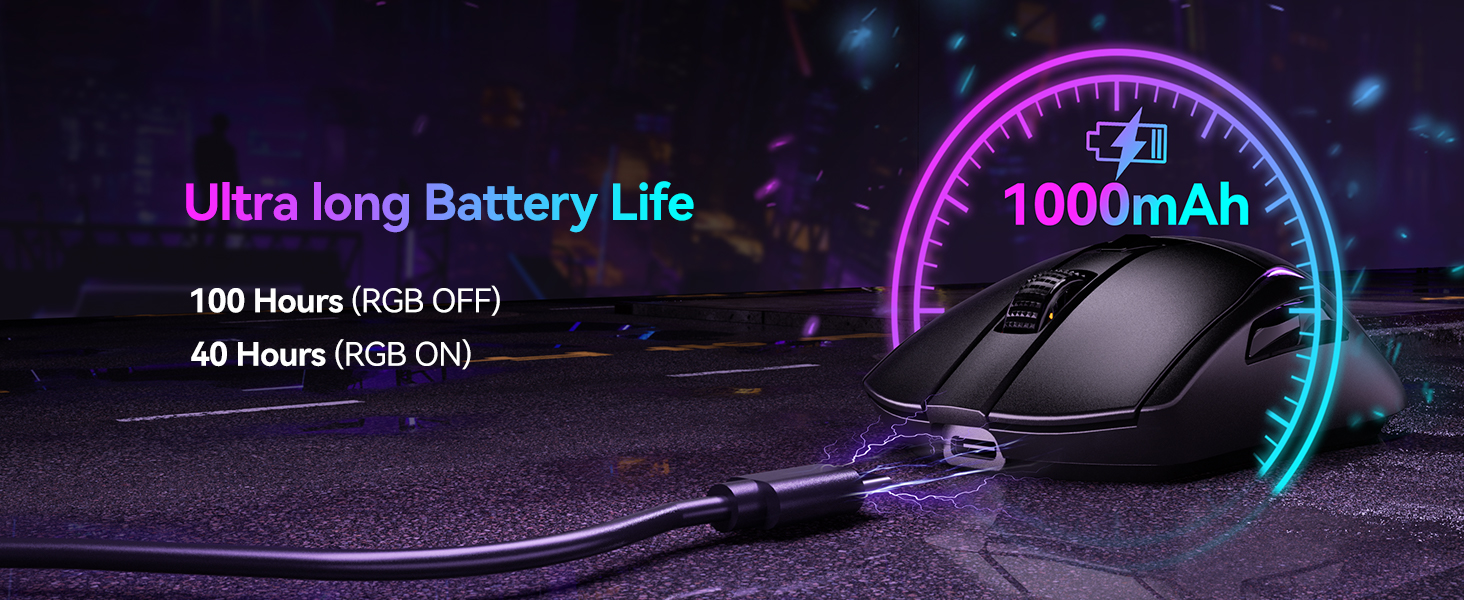 Text reads 'Ultra long Battery Life' and '1000mAh' with '48 Hours'. Dark promotional image with neon purple and blue lighting effects highlighting battery specifications.
