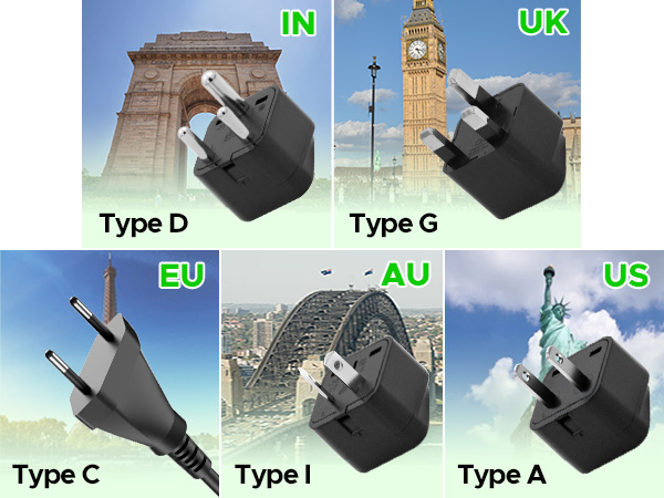 3 adapters and a power cord plug