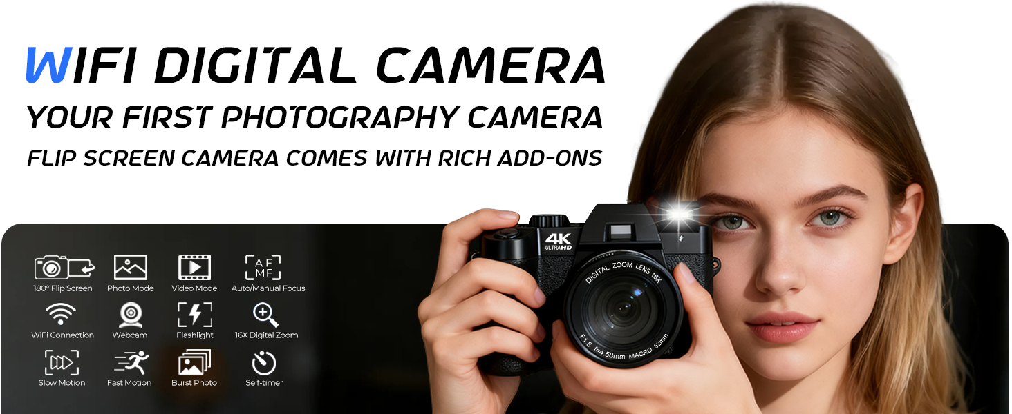 4k digital camera with flip screen for beginners teens photography
