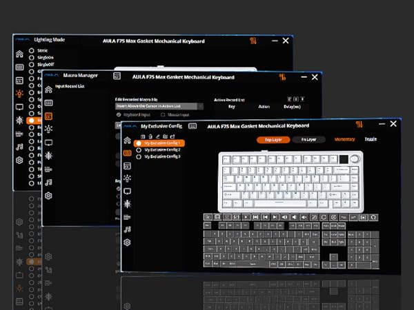 Computer software interface for customizing a mechanical keyboard. Shows options for lighting, macro settings, and key remapping. Displays a white keyboard layout for visual configuration.