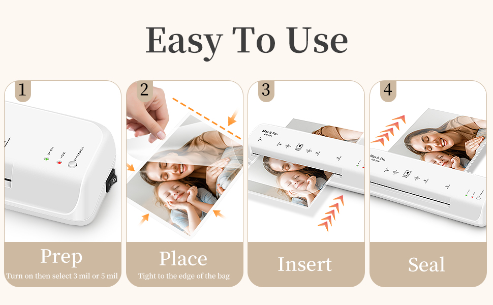 Four-step laminating guide: prepare, place, insert, and seal for quick and easy operation
