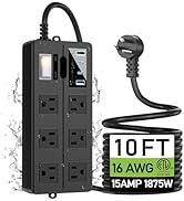 VNJ Outdoor Power Strip with 6AC Outlets + 4USB Ports, IPX6 Waterproof Surge Protector, Safety Lo...
