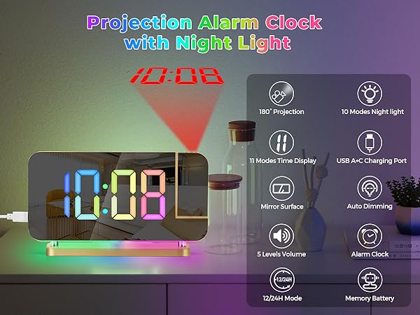 Projection led mirror digital alarm clock with rgb night light