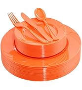 YOUBET 125Pieces Orange Plastic Plates-Orange Plastic Silverware-Include 25 Dinner Plates 25 Dess...