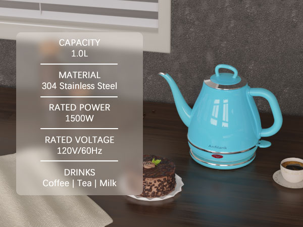 blue gooseneck electric kettle1l, stainless steel, coffee / tea / milk / oats, etc.