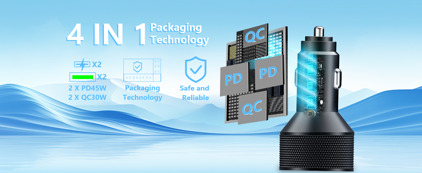 MFi Certified 4-Port 90W USB-C/USB-A Power Cigarette Lighter PD/QC USB-C Car Charger for iPhone 16