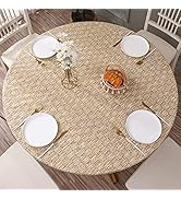 Round Vinyl Fitted Tablecloth with Flannel Backing Elastic Edge Design Table Cover Waterproof Oil...