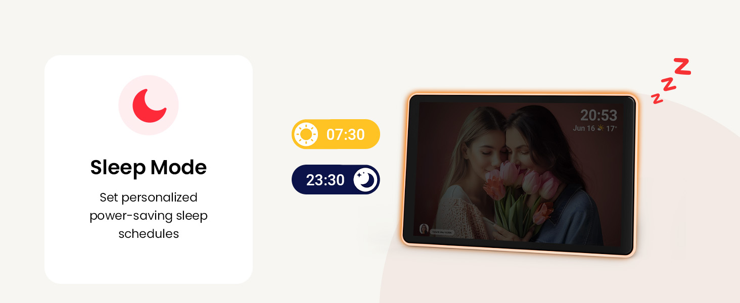 Neon digital photo frame with custom sleep schedule and clock display