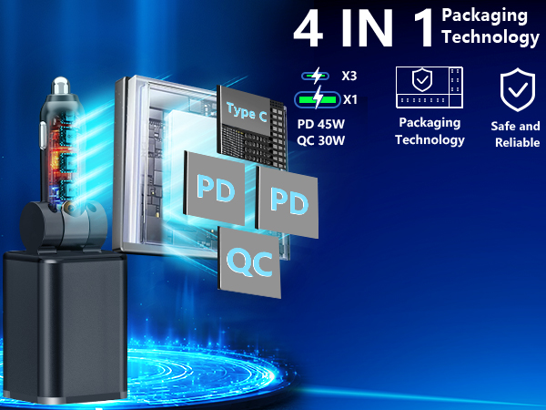 Retractable Car Charger USB C 120W USB C Car Charger 4-IN-1 PD/QC Power Cigarette Lighter Adapter