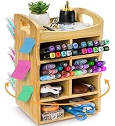 ZAVOOS Bamboo Art Supply Organizer, 360° Rotating Pen Holder with Handle, Holds 400+ Pencils, 15 ...