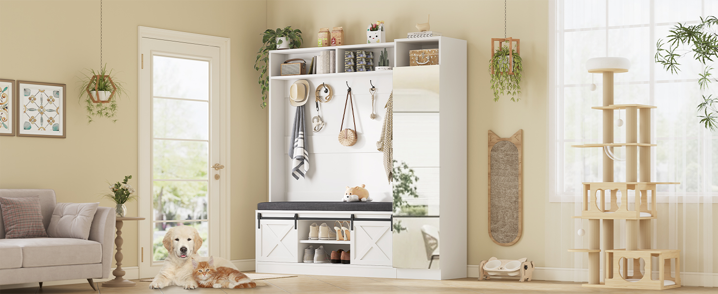 Hall Tree with Bench and Shoe Storage Entryway with Tall Mirror Farm House Barn Door