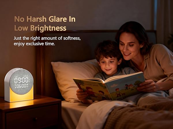 Text reads 'No Harsh Glare In' and 'Low Brightness'. Dark interior scenes showing comfortable lighting conditions while viewing content.