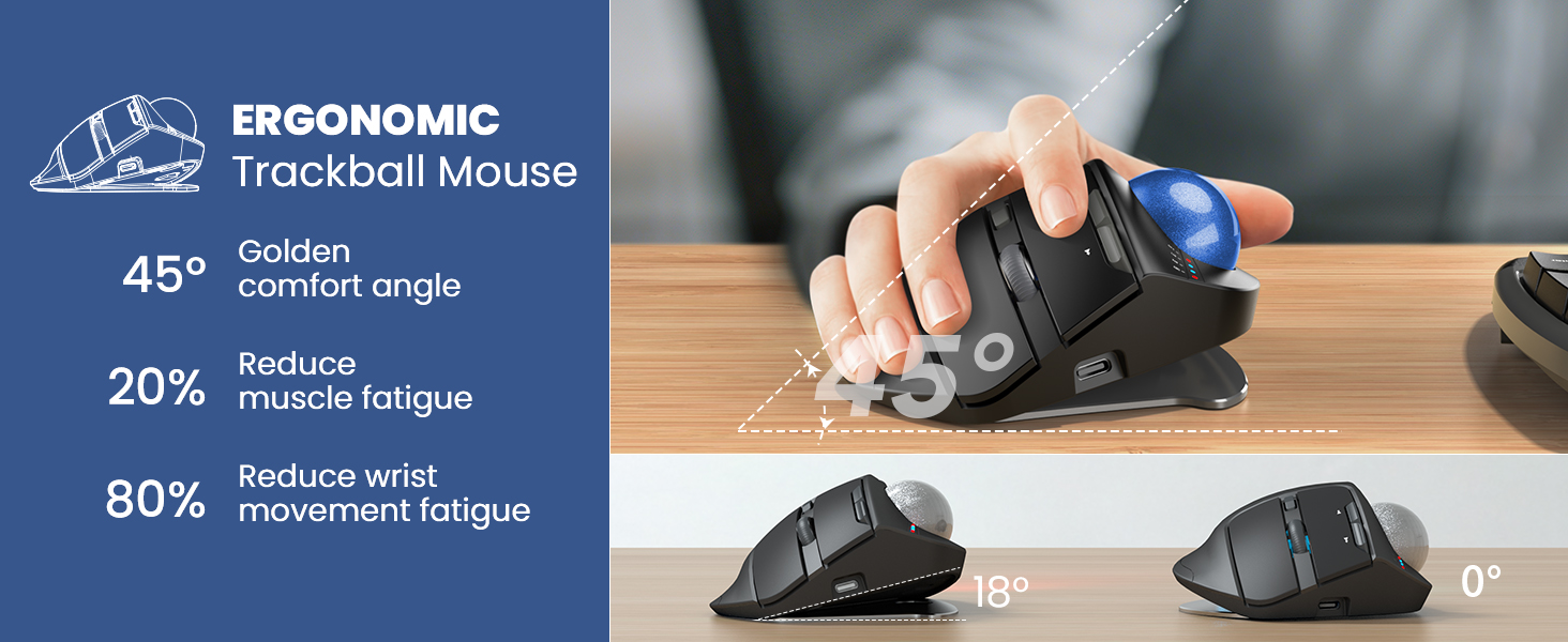 Wireless Trackball Mouse, Ergonomic Bluetooth Rechargeable Computer Mouse-Blue Ball