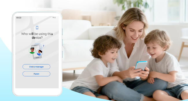 Mobile device displaying a messaging interface shown alongside a family setting in a bright living room environment.