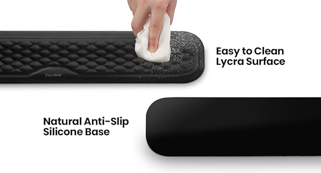 Two mouse pads shown. Top pad being cleaned, labeled 'Easy to Clean Lycra Surface'. Bottom pad labeled 'Natural Anti-Slip Silicone Base'. Both appear black in color.