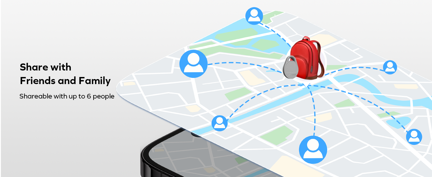 Text reads 'Friends and Family'. Map interface showing multiple blue location markers and red pins scattered across a geographic area.