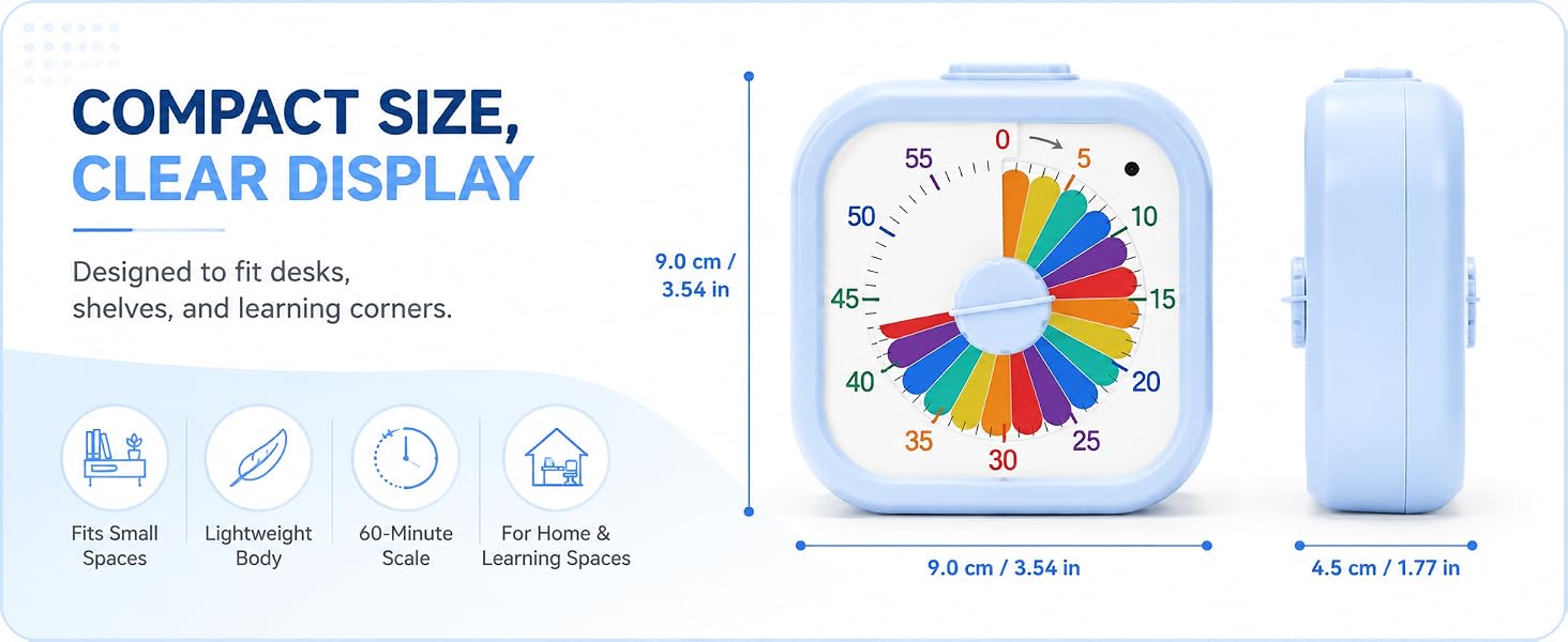 Text reads 'COMPACT SIZE,' 'CLEAR DISPLAY.' Digital alarm clock with colorful LED display showing time and graphics. Product specifications shown: dimensions, weight, power source, and operating features highlighted.
