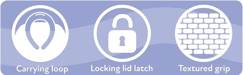 Carrying loop, locking flip-top lid, and textured grip
