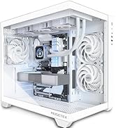 Computer hardware setup showing white PC case interior from multiple angles, displaying cooling fans and internal components with clean cable management.