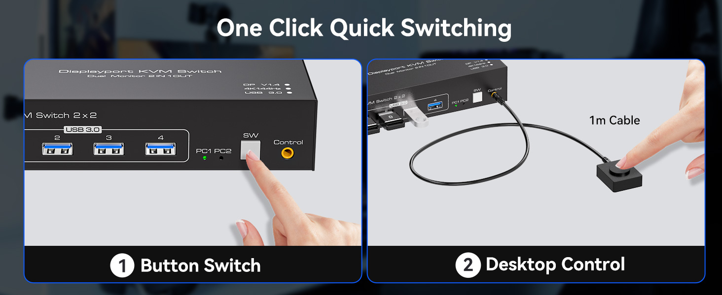 KVM switch interface showing one-click switching capability with button control and desktop management options, connected via 1m cable.