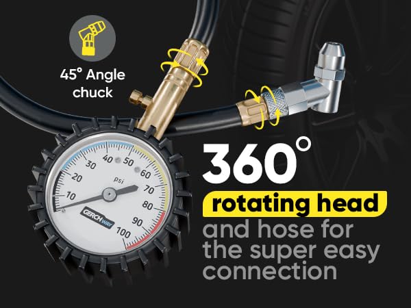 rotating air chuck for tire pressure gauge for easy connection