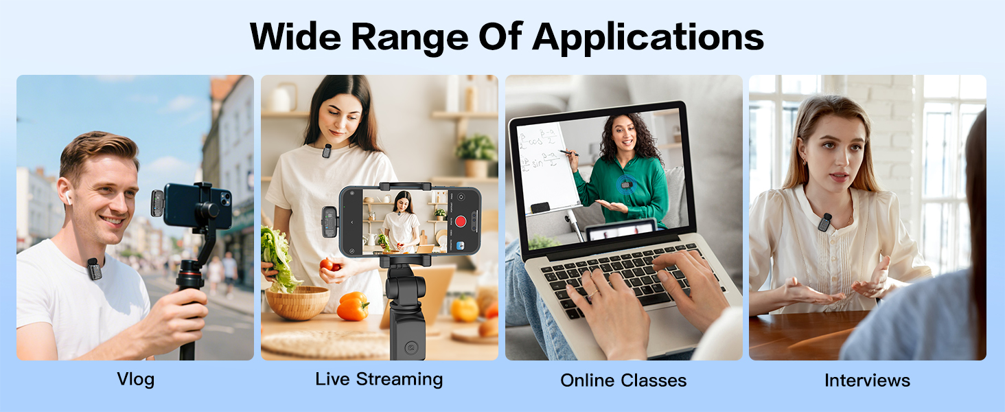 Text reads: 'Wide Range Of Applications' with sections showing 'Vlog', 'Live Streaming', 'Online Classes', 'Interviews'. Four-panel image showing different video communication scenarios.