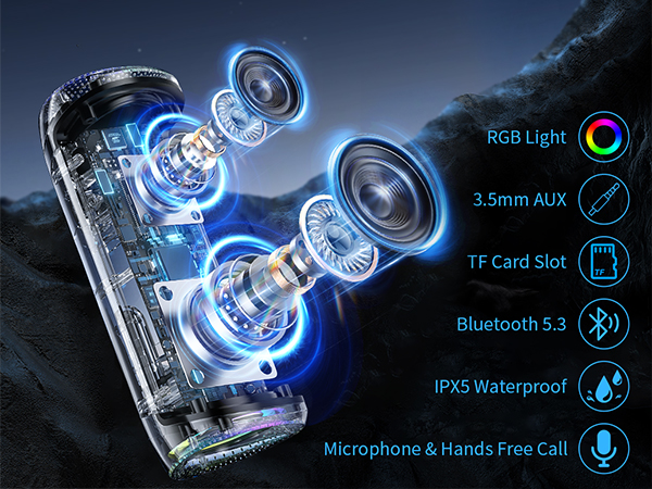 Bluetooth Speaker with HD Sound, Portable Wireless, IPX5 Waterproof, BT5.3, for Home/Party/Outdoor