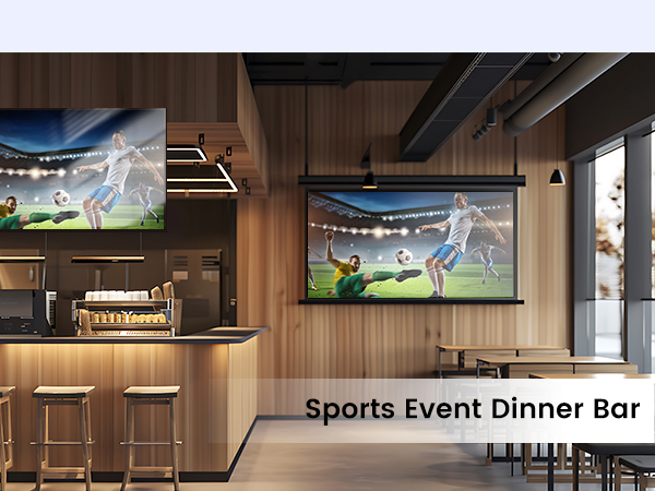Modern sports bar interior with wooden walls, multiple screens showing soccer matches, bar counter, and stools. Text reads 'Sports Event Dinner Bar'.