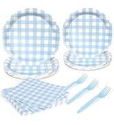 PCLMLES 96pcs Disposable Blue Plaid Tableware Set Lace Paper Plates for 24 Guest Party Table Supp...