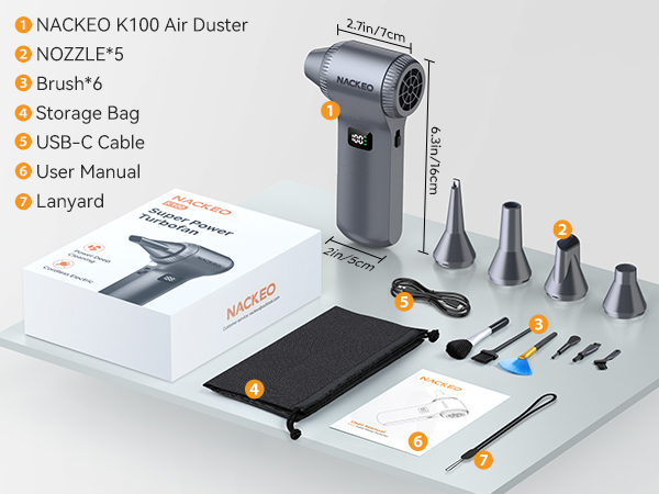 Text reads 'NAOKEO K100 Air Duster', 'NOZZLE's', 'Brush', 'Storage Bag', 'USB-C Cable', 'User Manual', 'Lanyard'. Product layout shows electronic air duster kit with multiple attachments and accessories.