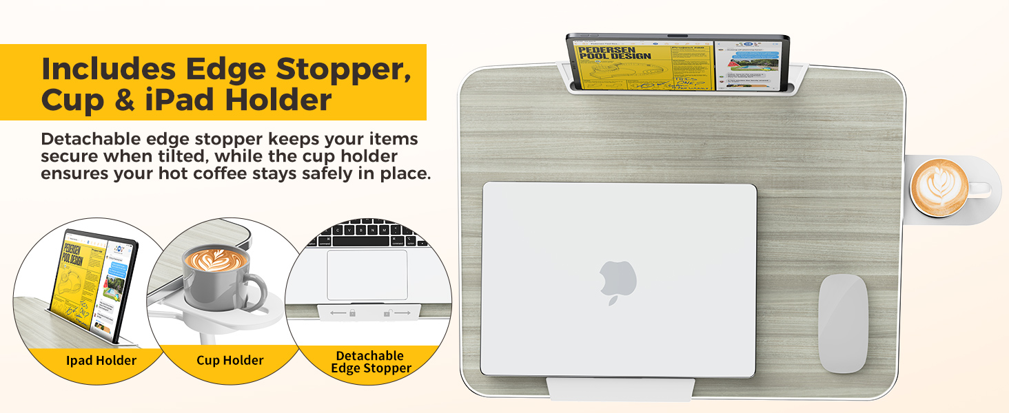 Top view of foldable laptop table with tablet slot and cup holder for couch use.