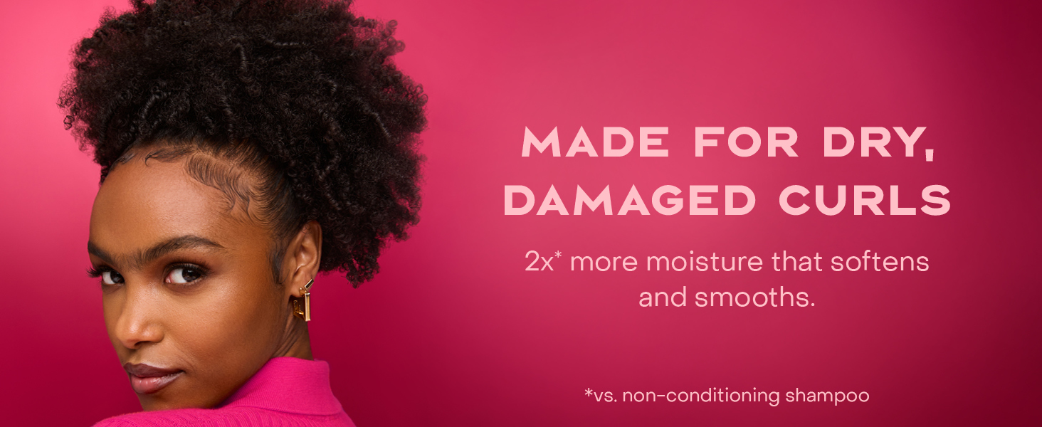 Closeup of woman with curly hair next to text about moisturizing dry, damage curls.