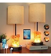 Table Lamps for Bedrooms Set of 2 with Himalayan Salt Lamp, 3 Way Dimmable Bedside Lamps with USB...