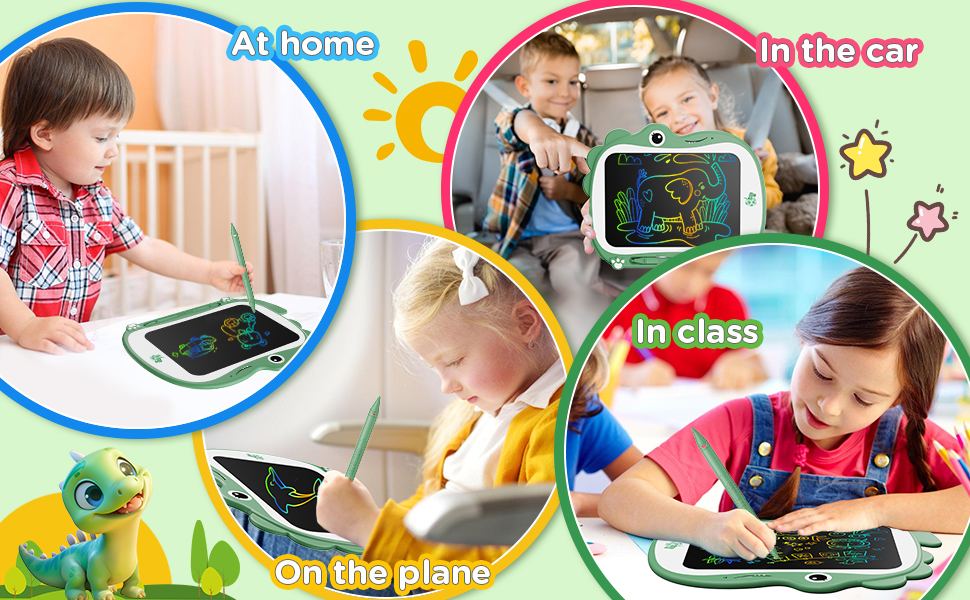 Collage showcasing a children's tablet device used in various settings: at home, in a car, on a plane, and in a classroom. The tablet has a colorful protective case.