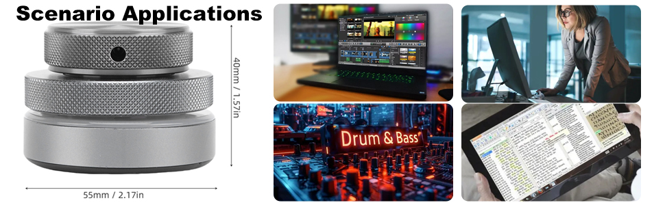 Text reads 'Scenario Applications'. Composite showing industrial bearing or coupling component with measurement specs, alongside application examples including gaming setup and vehicle scenarios.