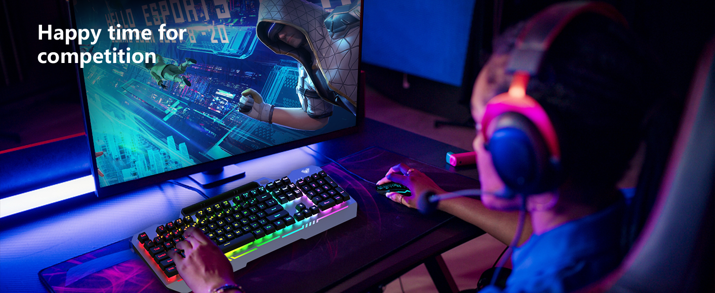 AULA T102 Gaming Keyboard 104 Keys Metal Gaming Keyboard and Mouse Combo Full Size with RGB Backlit