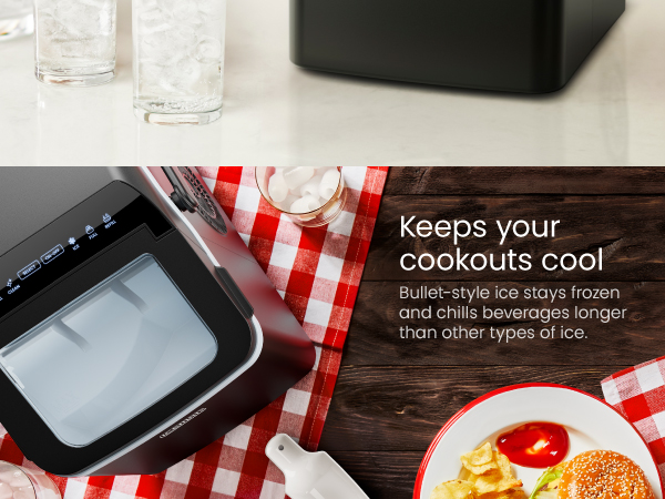 Bullet-style ice stays frozen and chills beverages longer than other types of ice