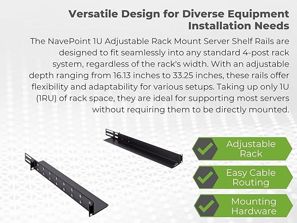 NavePoint 1U Adjustable Rack Mount Server Shelf Rails