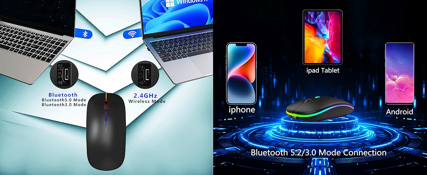 Wireless USB 2.4G+Bluetooth5.2/3.0 Dual Mode Mouse