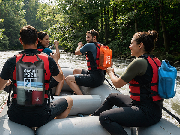 Waterproof dry bag (multiple sizes) for group rafting trips in river rapids