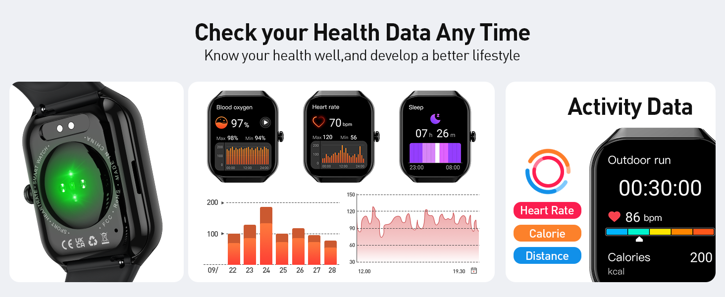 Smartwatch health tracking features showcased with multiple screens displaying heart rate, activity data, step count, and exercise statistics.