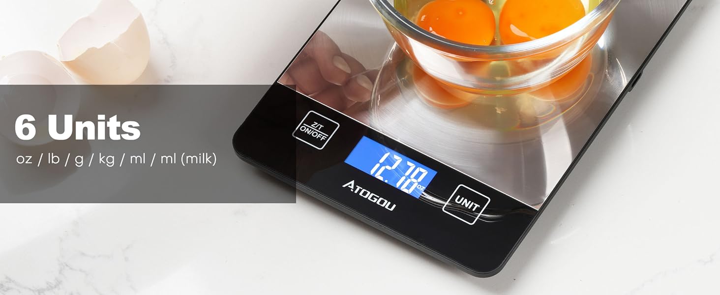 Atogou Food Scale, 33lb/15kg Rechargeable Kitchen Scale with Full-View Backlit LCD Display