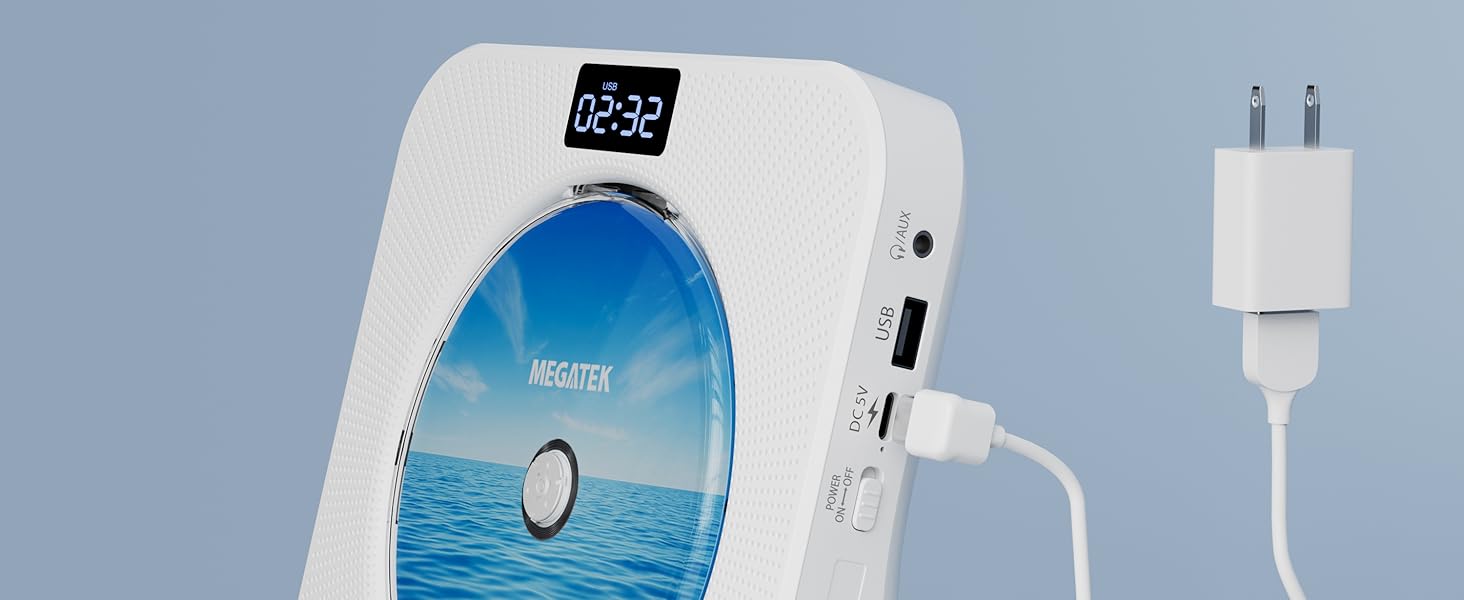 MEGATEK CP28BR Portable CD Player is Powered and Operated with a USB-C Power Adapter