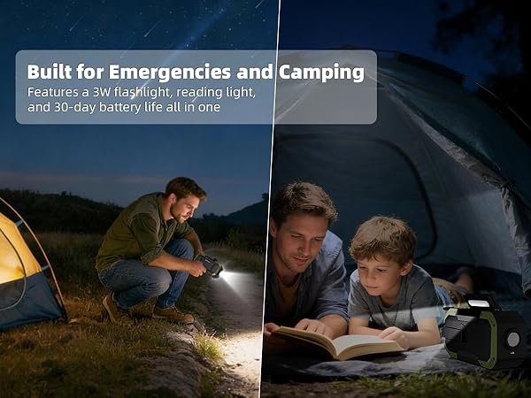 Equipped with a 3W flashlight and reading light, it offers up to 30 days of battery life